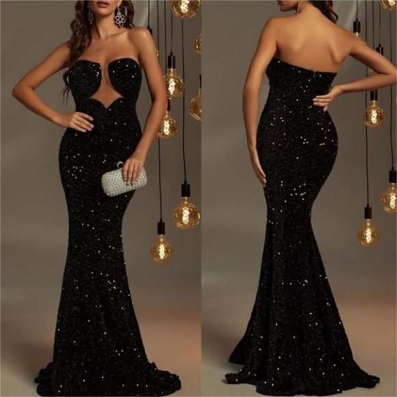 Sequin strapless mesh insert Formal Maxi Mermaid Dress Black - Picture 1 of 8